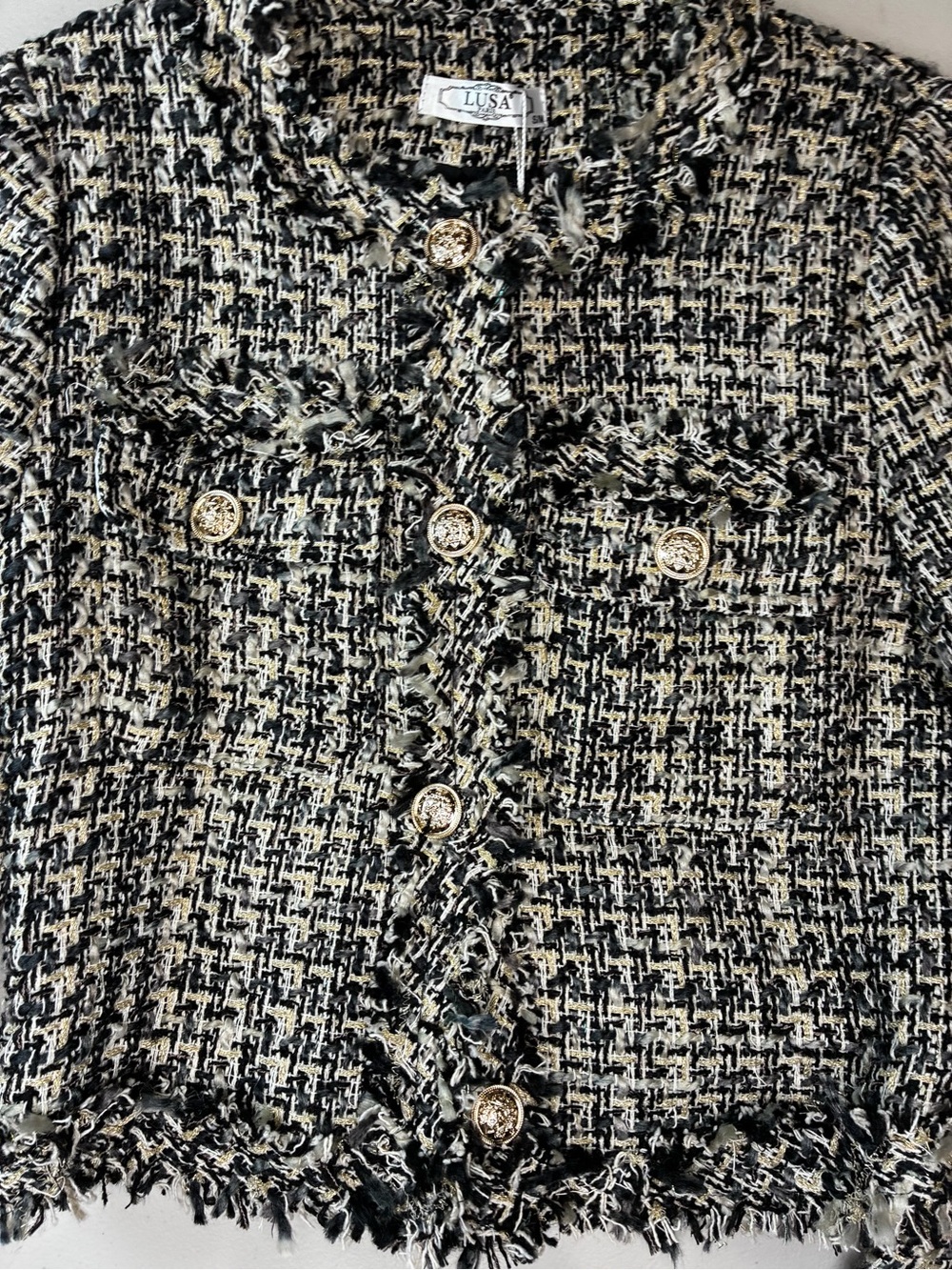 Women's LUSA Paris Black/Cream/Gold Tweed Frayed Edge Cropped Blazer - size S/M - Picture 8 of 12